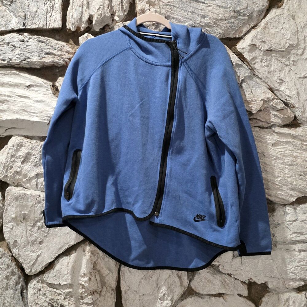 Nike Women's Tech Fleece Blue Asymmetric Cape Hoodie Sweatshirt Full Zip Large